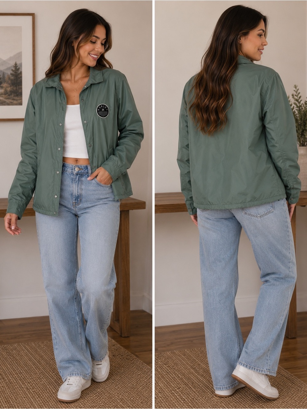 Hurley Coach Jacket Green Snap Front Lightweight Nylon Jacket Size L
